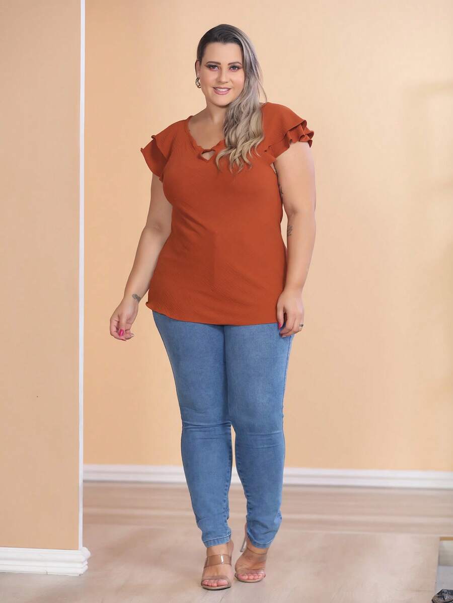 Women's Plus Size Dress Blouse With Two Ruffles Back Closure With Pearl Button - 瓦 - 查看 1