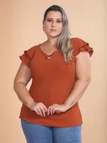 Women's Plus Size Dress Blouse With Two Ruffles Back Closure With Pearl Button - 瓦 - 查看 2