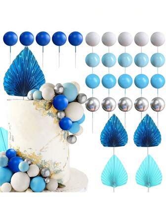 LaVenty 29 st blå bollar tårtdekoration blå palmblad tårtdekoration födelsedag brud/brudfest bröllopsfest dekorationstillbehör,