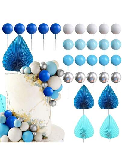 LaVenty 29 món phụ kiện trang trí bánh hình cầu màu xanh dương, lá cọ xanh dương, dùng trang trí bánh sinh nhật, tiệc cưới, tiệc cô dâu.