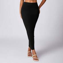 Falda básica de mujer, larga, unicolor, falda lápiz sexy informal de Body ceñido - Negro - Ver 1