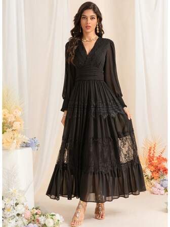 高品质深 V 领蕾丝花边拼接泡泡袖褶皱收腰摆长裙，优雅长袖鸡尾酒半正式舞会礼服，适合生日、婚礼嘉宾、毕业典礼、晚宴、返校节