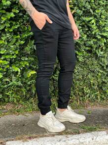 Calça Jeans Masculina Jogger Bege Claro com Elastano Linha Premium Preto Cinza Chumbo - Preto - Visão 5
