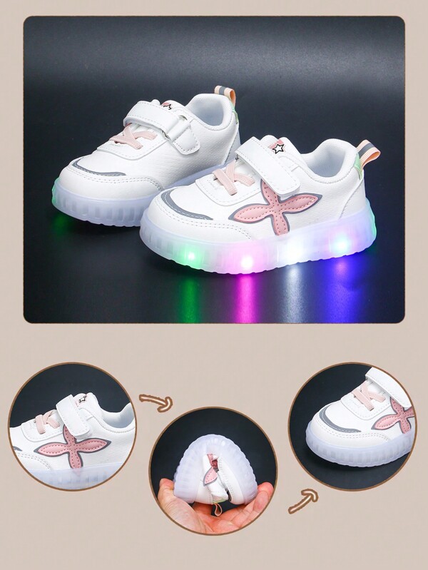 6 Pairs Girls Assorted Shoes, Including PU Leather Toddler Shoes, Light-Up Transparent Sole Shoes, White Sneakers, Casual Shoes, And Fashionable Color Matching Shoes, Insole Length 13.5-18cm, Suitable For All Seasons