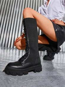 Knee High Boots Women, Lace Up Chunky Platform Lug Sole Boots For Women Black/Knitting - màu đen - Xem 2