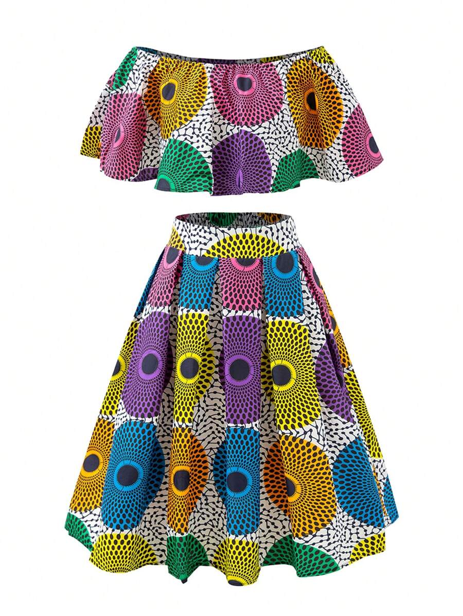 Conjunto de dos piezas africano con top corto de un hombro y falda - Multicolor - Ver 1