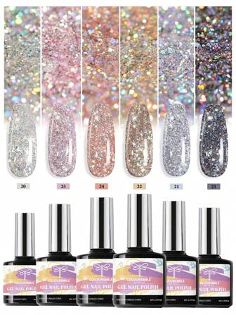 COLOURSMILE 6 色闪光凝胶指甲油闪光银色金色粉色凝胶指甲油套装可剥离 UV LED 固化指甲油套装美甲美甲 DIY 沙龙家居节日礼物女士