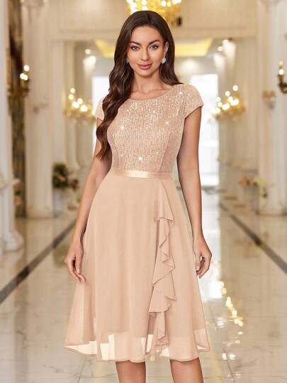 MIUSOL Sequin Lace Ruffle Trim Champagne Chiffon Flowing Cocktail Party Swing Dress, Pleated Hem For Wedding Guest, Birthday, Homecoming