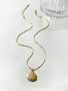 Monlansher 1pc Women Stainless Steel Beaded Necklace With Seashell, Starfish & Conch Pendants, Casual Ocean-Inspired Style, Fashion Layered Lightweight Luxury Everyday Wear
