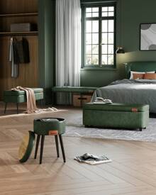 VASAGLE EKHO Collezione - Sgabello, Pouf Contenitore, Rivestimento in PU con Cuciture, Moderno di Metà Secolo, Poggiapiedi Rotondo con Gambe in Acciaio, Portata di 150 kg, Marrone Caramello/ Verde Foresta - Verde - Visualizzare 5