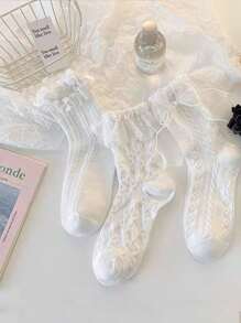 3pairs Women's Knee-High Socks White Lace Trim Bow Summer Thin Cute JK Princess Style