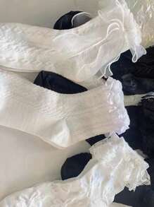 3pairs Women's Knee-High Socks White Lace Trim Bow Summer Thin Cute JK Princess Style