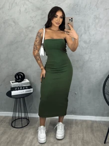 Women's Strapless Tube Dress Comfortable Premium Quality With Elastane - xanh quân đội - Xem 2