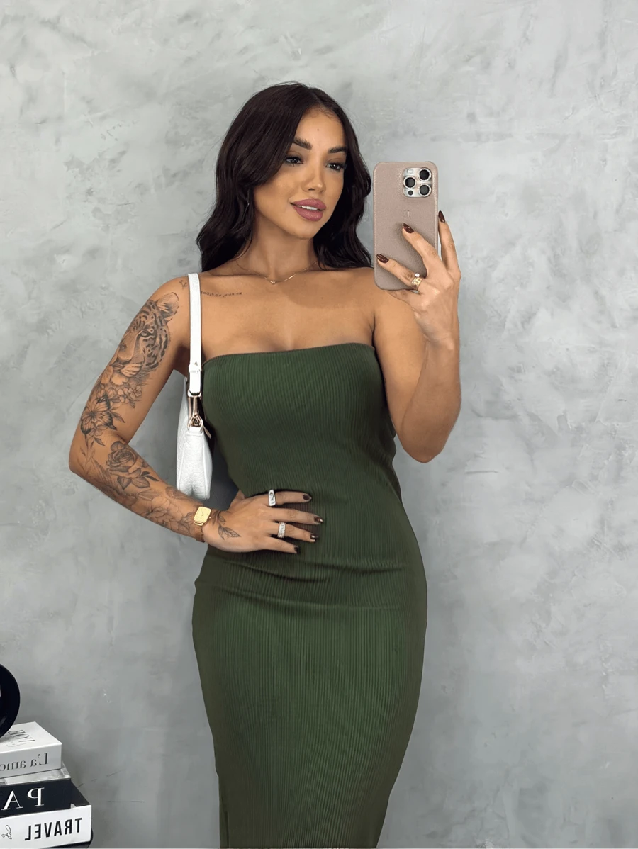Women's Strapless Tube Dress Comfortable Premium Quality With Elastane - xanh quân đội - Xem 1