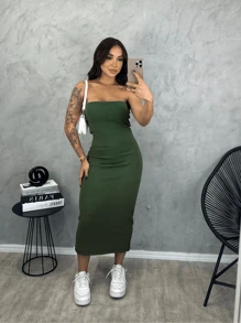 Women's Strapless Tube Dress Comfortable Premium Quality With Elastane - xanh quân đội - Xem 6