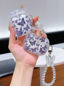 苹果蝴蝶图案耳机盒，蓝牙耳机日常保护套 - 黑色 - 查看 3