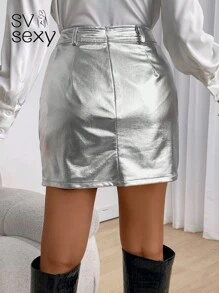 SV Party Skirt In Fabric With Metallic Coating, Slightly Elastic. - 銀色 - 查看 7