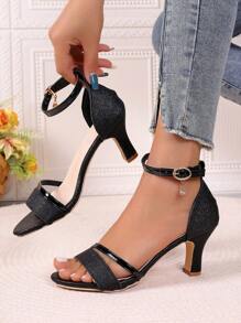 2026 Spring/Summer New Women's High Heel Shoes, Snake Skin Pattern, Comfortable & Breathable, Stiletto Heel, Closed Toe, Ankle Strap, Suitable For Weddings, Galas, Formal Occasions, Elegant & Luxurious, Ideal For Summer Wear. Available In Black, White, Gold - Black - View 2