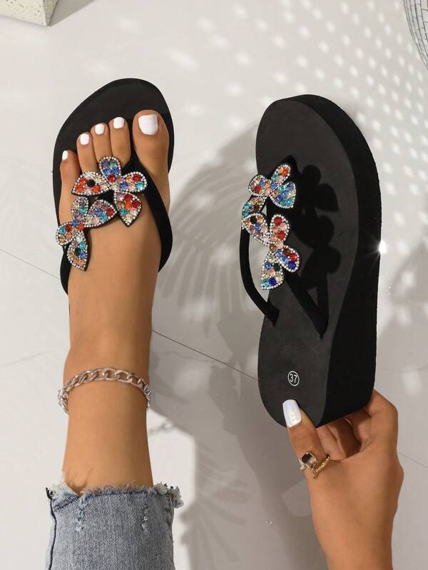 Sandalias de mujer con tiras decoradas con cristales mariposa, nuevas sandalias de playa de moda con cuña de fondo grueso, sandalias de playa con suela antideslizante y cuña de tacón alto, perfectas para exteriores, playa y boda - Color de cristal aleatorio