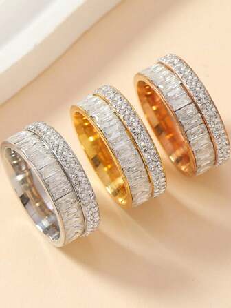 1pc Stainless Steel Rectangle Cubic Zirconia Paved Ring For Women, Luxury Jewelry Accessories For Daily Wear & Festivals