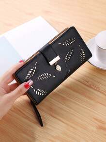 Billetera para mujer con múltiples ranuras y compartimentos, diseño de hoja calada