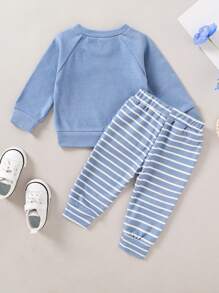 Conjunto de 2 piezas para bebé niño, unicolor suave y lindo, sudadera con capucha y pantalones a rayas, suave, cómodo y transpirable