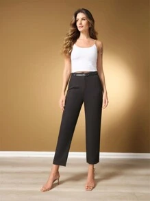 Female Fashion Pantaloon Pants With Black Belt/Military Green Color Black  Brown/Tailoring/Pantalona/Summer Winter/Christmas Collection / Elegant / Casual / Stylish / Feminine /Christmas Look / Light/ Comfortable/ 2024 Collection - 黑色 - 查看 3