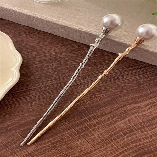 1 conjunto com 2 peças de Grampos de Cabelo com Pérolas Falsas Metálicas para Mulheres, Acessórios de Cabelo Estilo Chinês Minimalista, Passa-Buns Multiestação, Prendedor de Coque, Acessório de Penteado