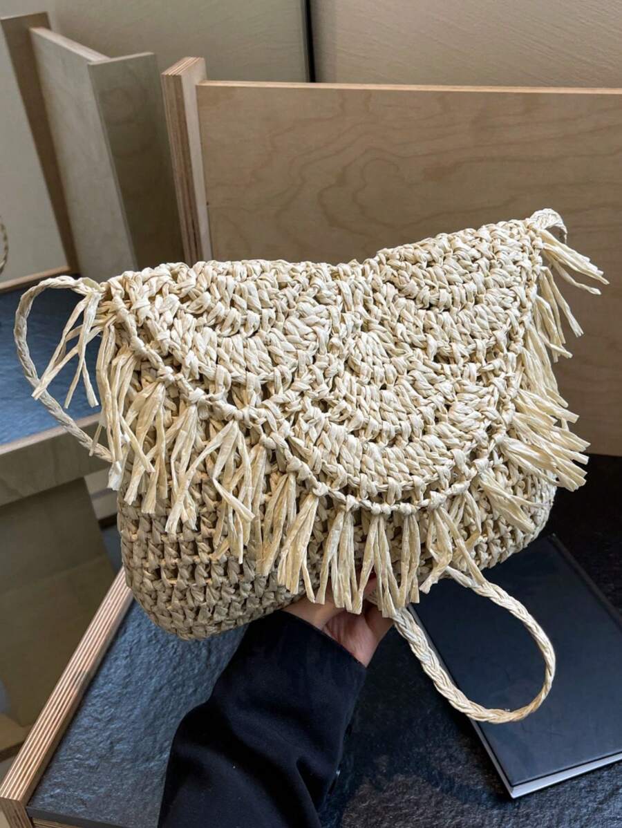时尚简约米色流苏翻盖编织草编包，女士多功能夏季旅行沙滩斜挎包 - 米色 - 查看 1