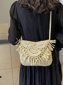时尚简约米色流苏翻盖编织草编包，女士多功能夏季旅行沙滩斜挎包 - 米色 - 查看 9