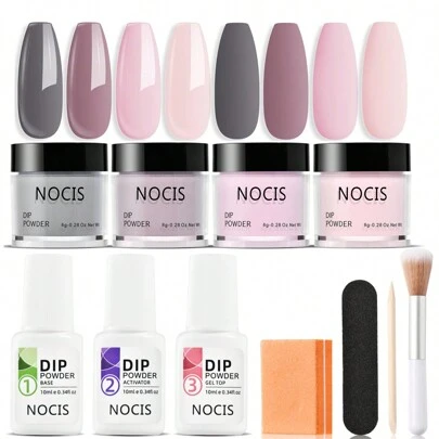 Dip Powder Nail Kit Starter, 4 Colors Nude Pinkish Glitters Acrylic Dipping Powder System Liquid Set With Base/Top Coat Activator For French Nail Art Manicure Salon All-In-One Beginner Extension Kit Acrylic Press On Nails