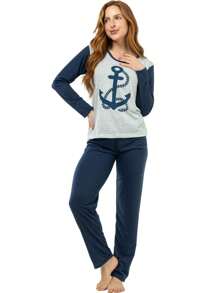 Kit 2 Women's Long Pajamas Adult Long Sleeve Winter Night Line Sleepwear Cheap - 彩色 - 查看 6