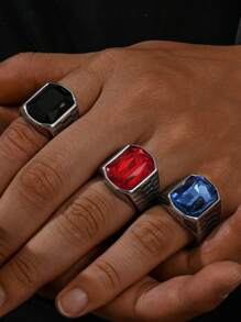 1pc Stainless Steel  Inlaid Rectangle Cubic Zirconia Fashionable Men's Rings Jewelry - Cubic Gemstones - View 7