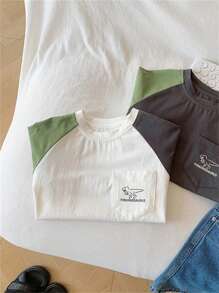 Dinosaur & Letter Print Color Blocking Raglan Sleeve T-Shirt For Young Boys - White - View 6