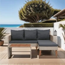 3 Piece Patio Sectional Wicker Rattan Outdoor Furniture Sofa Set Natural Yellow Wicker + Dark Grey Cushion YY Choice