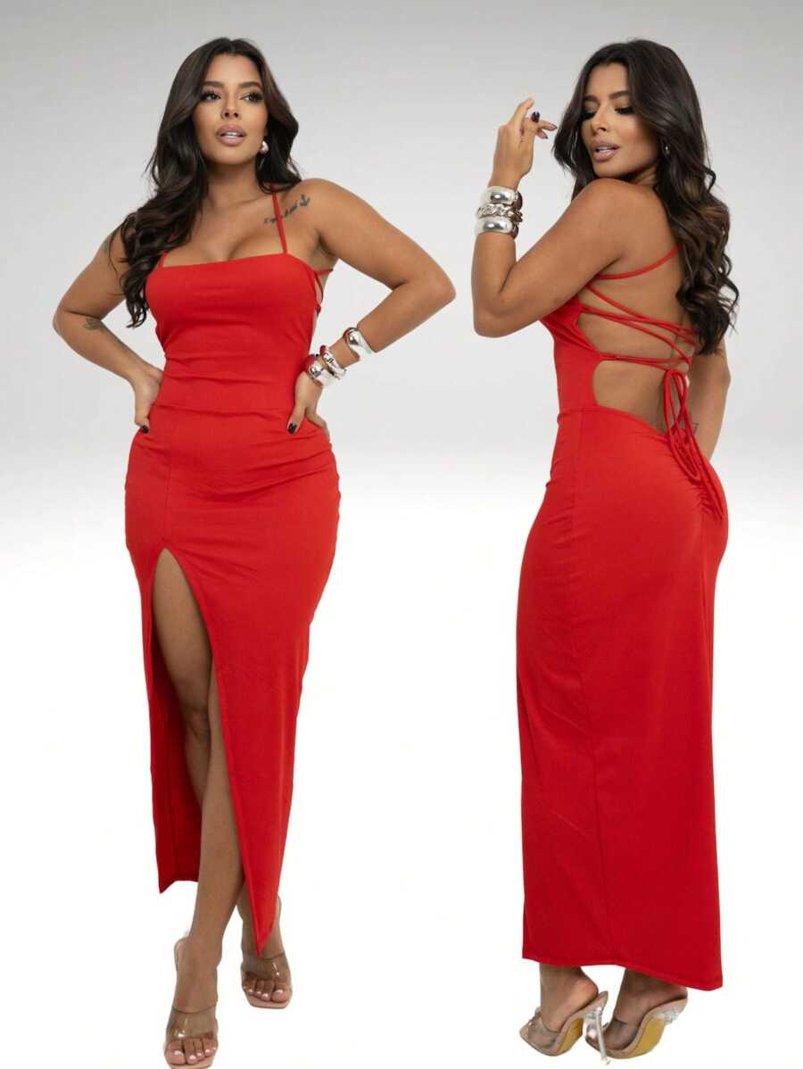 Vestido Colado Longo Canelado com fenda costas nuas trançadas elegante empina bumbum - Vermelho - Visão 1