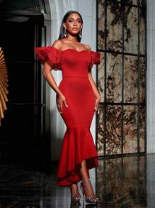 Faeriesty Ruffle Sleeves Off Shoulder Mermaid Hem Party Dress Wedding Guest Cocktail Dress - Red - View 4
