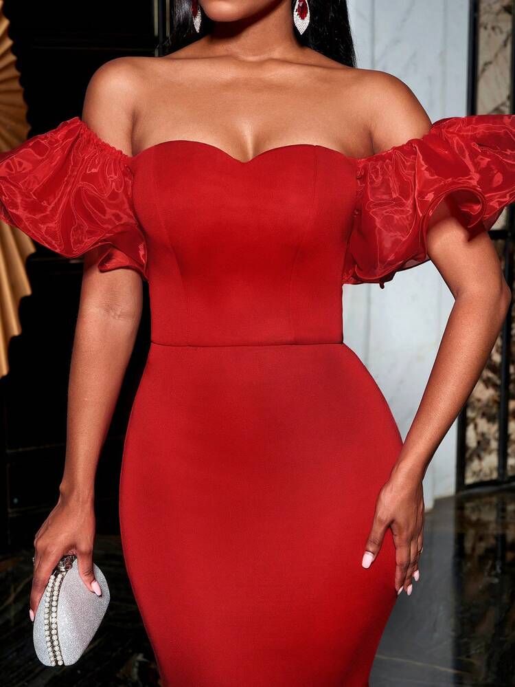 Faeriesty 荷叶边袖露肩鱼尾下摆派对礼服婚礼宾客鸡尾酒会礼服 - 紅色 - 查看 6