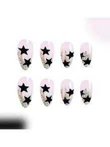 24 szt. Krótkie błyszczące Pentagram brokatowe naklejki do paznokci w kształcie migdałów, luksusowe akcesoria do manicure, do żelowego lakieru do paznokci - Czarne - Zobacz 4