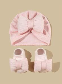 1-6个月婴儿蝴蝶结发带帽袜套装，提花针织帽头饰套装，新生儿礼物，春秋季 - 彩色 - 查看 1