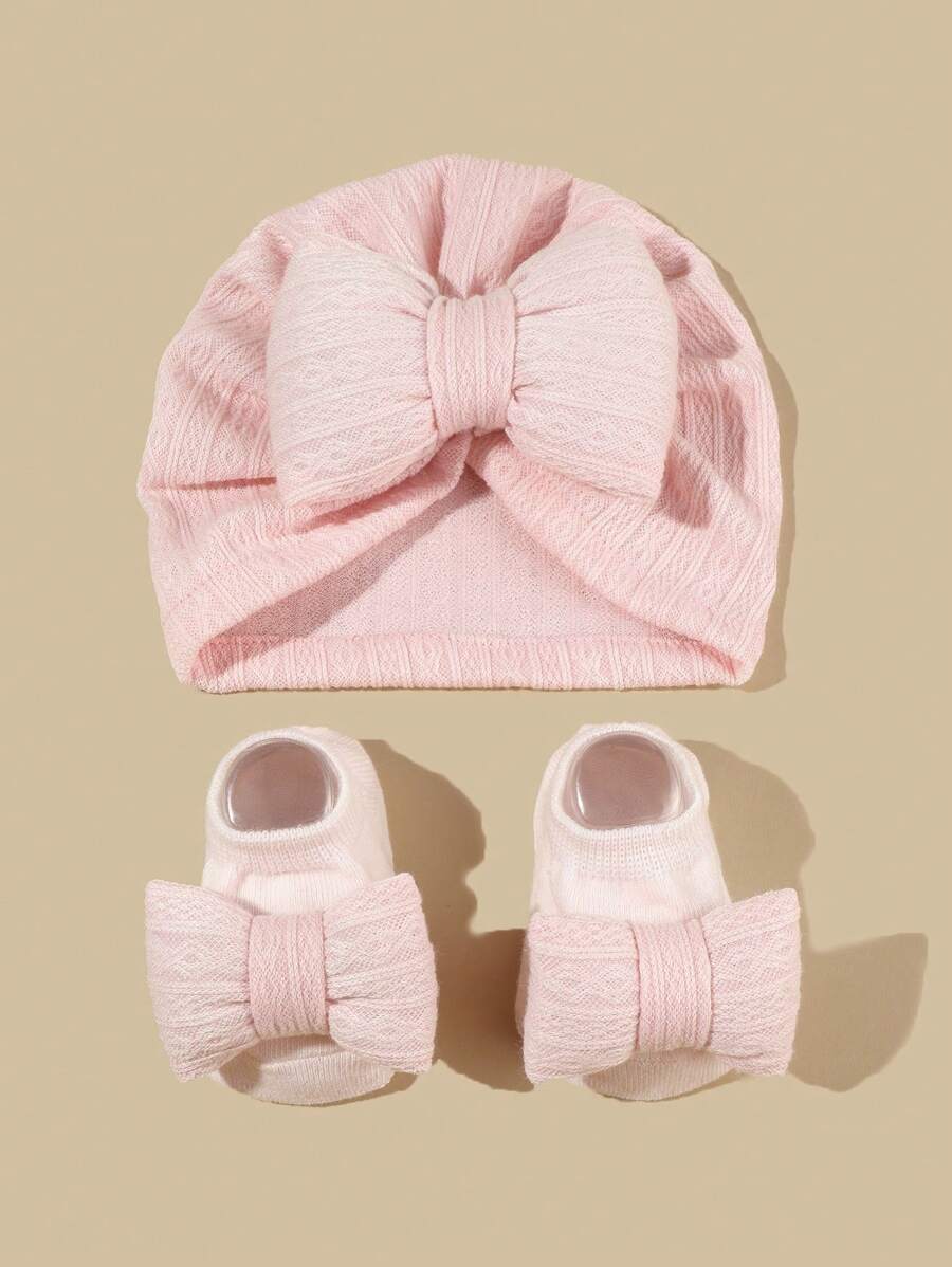 1-6个月婴儿蝴蝶结发带帽袜套装，提花针织帽头饰套装，新生儿礼物，春秋季 - 彩色 - 查看 1