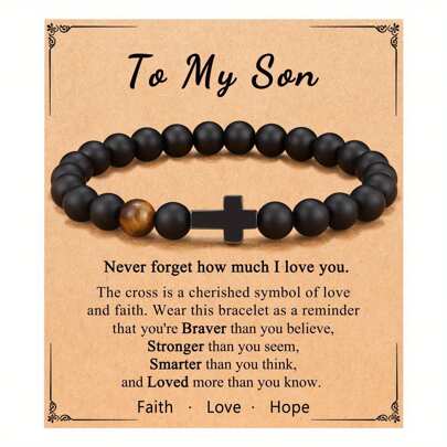 Pulsera delicada de cuentas negras con diseño de cruz, regalo creativo con tarjeta de regalo para hijo, hija, papá o nieto. Pulsera MAMA, mejor regalo para mamá en el Día de la Madre
