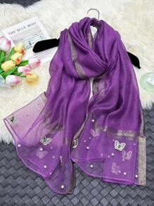 1条优雅秋冬女士仿丝围巾，蝴蝶刺绣，手工串珠，时尚轻薄保暖披肩配饰 - 釘蝴蝶珍珠長絲巾 - 查看 8