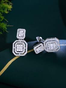 1 Pair No Ear Hole Square Drop Dangle Cubic Zirconia Party Wedding Engagement Clip On Earrings Without Piercing