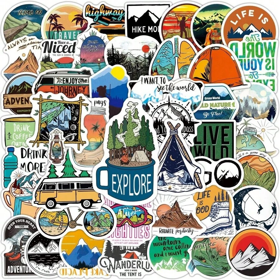 50pcs Forest Camping Hiking Stickers, Outdoor Travel Scenery Decals, Waterproof For Water Bottles, Phone, Laptop, Scrapbooking, Planner, Diary, Bumper, Iron-On Patches, Woodland Stickers