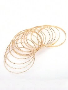 14pcs/Set Vintage Exaggerated Wide Bangle Bracelet Set, Gold Smooth Asymmetrical Cuff Bangles - Yellow Gold - View 4