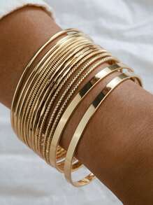14pcs/Set Vintage Exaggerated Wide Bangle Bracelet Set, Gold Smooth Asymmetrical Cuff Bangles - Yellow Gold - View 2