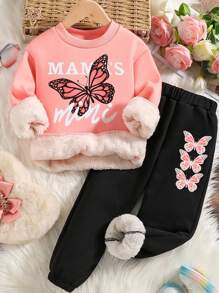 Tween 女孩蝴蝶印花保暖羊毛运动衫和运动裤套装 - 粉色 - 查看 1