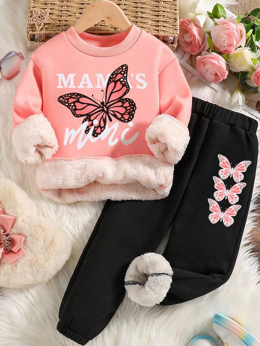 Tween 女孩蝴蝶印花保暖羊毛运动衫和运动裤套装 - 粉色 - 查看 1