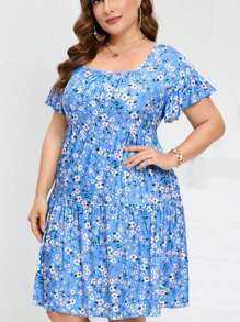 Women's Plus Size Summer Dress V Neck A-Line Knee Length Wrap Swing Dresses Plus Size A Line Party Mini Dress With Pockets - Blue Floral - View 5